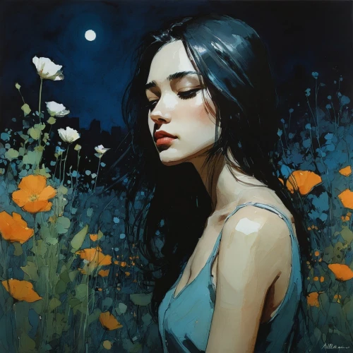 girl in flowers,falling flowers,kahila garland-lily,girl in the garden,flora,vanessa (butterfly),mystical portrait of a girl,fantasy portrait,moonflower,blue petals,beautiful girl with flowers,forget me not,fallen petals,jasmine blue,han thom,scattered flowers,jasmine blossom,blue butterflies,fallen flower,holly blue,Illustration,Paper based,Paper Based 05