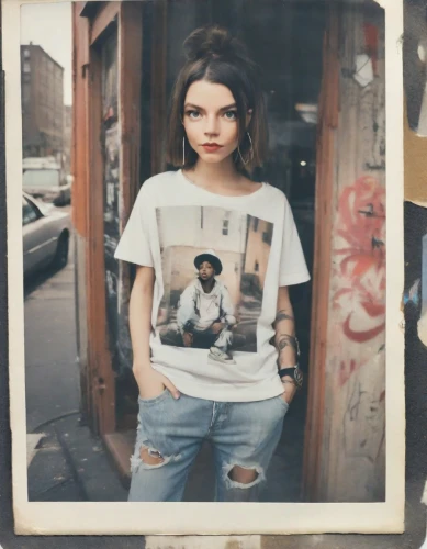 polaroid,girl in t-shirt,brooklyn,polaroid pictures,tshirt,tee,icon,vintage girl,isolated t-shirt,new york streets,harlem,hipster,tattoo girl,album cover,in a shirt,a girl with a camera,photos on clothes line,ny,on the street,nyc,Photography,Polaroid