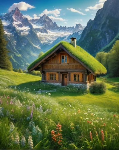 house in mountains,alpine hut,house in the mountains,mountain hut,home landscape,alpine village,the cabin in the mountains,swiss house,small cabin,lonely house,log cabin,small house,mountain huts,alpine meadow,little house,landscape background,meadow landscape,alpine pastures,mountain meadow,the alps,Conceptual Art,Fantasy,Fantasy 05
