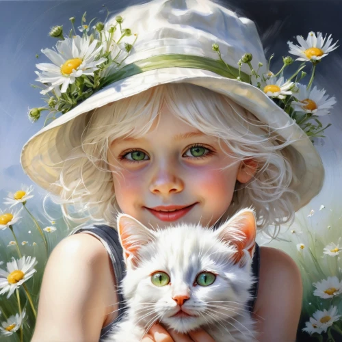 white cat,vintage boy and girl,little boy and girl,tenderness,child portrait,cat lovers,girl and boy outdoor,children's background,romantic portrait,girl wearing hat,innocence,girl in flowers,vintage children,oil painting,little girls,boy and girl,cat with blue eyes,beautiful girl with flowers,girl picking flowers,childs,Conceptual Art,Oil color,Oil Color 03