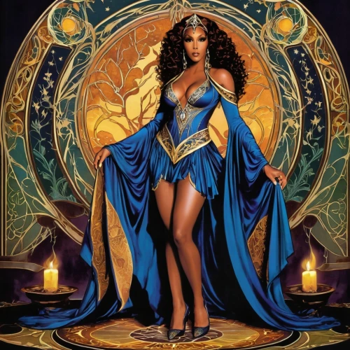 goddess of justice,sorceress,wonderwoman,zodiac sign libra,queen of the night,fantasy woman,the zodiac sign pisces,priestess,horoscope libra,blue enchantress,celtic queen,the enchantress,wonder woman,prosperity and abundance,zodiac sign gemini,aphrodite,heroic fantasy,fantasy art,african american woman,the zodiac sign taurus,Illustration,Retro,Retro 13