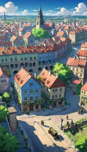 violet evergarden,aurora village,studio ghibli,knight village,spa town,medieval town,escher village,resort town,meteora,town square,old town,ancient city,fantasy city,blocks of houses,town,new castle,the old town,skyscraper town,alpine village,neighbourhood,Illustration,Japanese style,Japanese Style 03