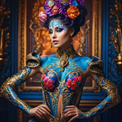bodypaint,bodypainting,body painting,venetian mask,blue enchantress,fantasy portrait,masquerade,fairy peacock,baroque,neon body painting,victorian lady,fantasy art,cirque du soleil,blue peacock,the carnival of venice,cleopatra,rococo,ornate,peacock,fantasy woman,Conceptual Art,Fantasy,Fantasy 22