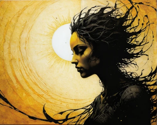 gold foil art,gold foil mermaid,woman silhouette,mary-gold,gold paint stroke,helianthus,canary,gorgon,transistor,woman of straw,dryad,sun flower,gold filigree,queen of the night,voodoo woman,gold paint strokes,gold leaf,shamanic,mystical portrait of a girl,silhouette art,Illustration,Realistic Fantasy,Realistic Fantasy 29