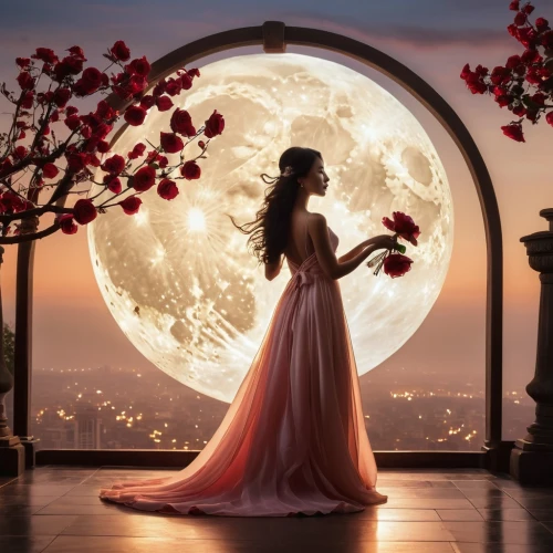 moon phase,fantasy picture,fairytale,romantic rose,fairy tale,a fairy tale,fairytales,blue moon rose,queen of the night,secret garden of venus,enchanting,romantic night,romantic portrait,woman silhouette,fairy tales,celestial body,romantic look,scent of roses,romantic scene,photomanipulation,Photography,General,Realistic