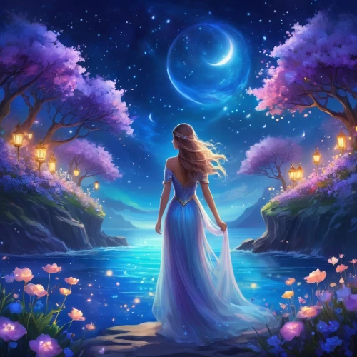 fantasy picture,blue moon rose,fantasia,moon and star background,mermaid background,magical,fairy galaxy,fairy world,cinderella,enchanted,fae,dream world,a fairy tale,moonlit night,fantasy art,enchanting,the moon and the stars,way of the roses,rosa 'the fairy,fairy tale,Illustration,Realistic Fantasy,Realistic Fantasy 01