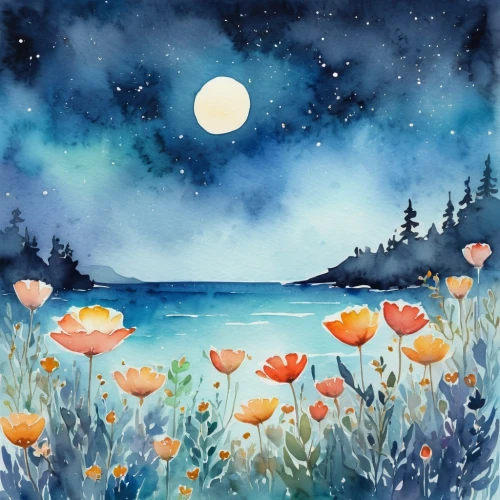 watercolor background,moon and star background,blue moon rose,flower painting,watercolor floral background,moonlit night,watercolor blue,watercolor painting,watercolor paint,beach moonflower,watercolor flowers,watercolor,stars and moon,sea night,dandelion background,dandelion meadow,moon night,blue moon,starry night,moonrise,Illustration,Paper based,Paper Based 25