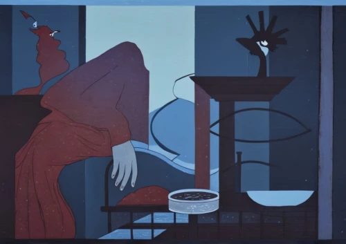 woman drinking coffee,the annunciation,olle gill,girl in the kitchen,woman hanging clothes,art deco woman,woman on bed,ervin hervé-lóránth,blue room,night scene,sewing silhouettes,praying woman,candlemaker,blue lamp,woman sitting,carol colman,sebastian pether,martin fisher,james handley,han thom,Illustration,Retro,Retro 17