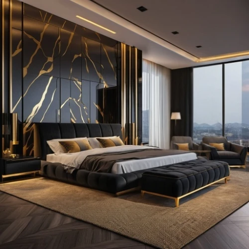 gold wall,great room,sleeping room,modern room,modern decor,room divider,contemporary decor,black and gold,bedroom,interior modern design,luxury home interior,penthouse apartment,luxurious,interior design,guest room,luxury,glass wall,bedroom window,ornate room,luxury property