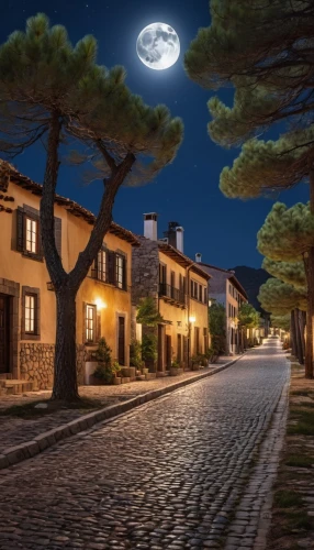 the cobbled streets,provence,medieval street,moonlit night,night scene,aix-en-provence,landscape lighting,street lamps,night image,rome night,houses clipart,france,moonlit,cobblestone,outdoor street light,cobblestones,hanging moon,full moon,arles,townhouses,Photography,General,Realistic