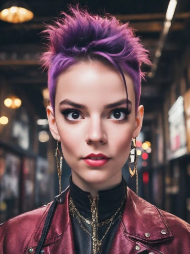 punk,mohawk,pompadour,streampunk,punk design,purple,pixie-bob,mohawk hairstyle,cyberpunk,violet,purple rizantém,pixie,harley,purple skin,pink hair,artificial hair integrations,violet head elf,pixie cut,purple background,bjork,Photography,Natural