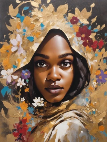 oil painting on canvas,oil on canvas,girl in a wreath,oil painting,girl in flowers,african woman,girl portrait,mystical portrait of a girl,portrait of a girl,maria bayo,nigeria woman,woman portrait,flower painting,african art,art painting,young woman,boho art,fantasy portrait,african american woman,oil paint