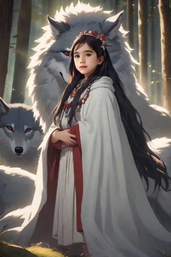 kitsune,howling wolf,nine-tailed,little red riding hood,fantasy picture,red riding hood,fantasy portrait,dragon li,two wolves,girl with dog,mystical portrait of a girl,wolf couple,wolf,gray wolf,wolves,howl,samoyed,white shepherd,fairy tale character,fantasy art,Photography,Cinematic