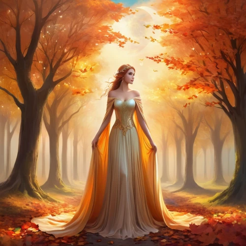 autumn background,golden autumn,light of autumn,autumn theme,autumn idyll,girl in a long dress,fantasy picture,pumpkin autumn,ballerina in the woods,autumn leaves,autumn forest,the autumn,autumn gold,autumn landscape,autumn scenery,fallen leaves,fairy queen,faerie,celtic woman,orange robes,Illustration,Realistic Fantasy,Realistic Fantasy 01