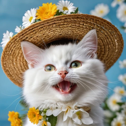 flower cat,funny cat,blossom kitten,flower hat,cute cat,flower animal,sombrero,cat image,flower background,beautiful girl with flowers,tea party cat,flowers in basket,flower basket,high sun hat,cheerfulness,summer hat,beautiful bonnet,white cat,on a wild flower,kitten hat,Photography,General,Realistic