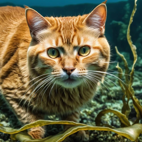 rusty-spotted cat,marine animal,tiger cat,sea life underwater,red whiskered bulbull,aegean cat,sea animal,red tabby,scuba,animal feline,underwater background,sea animals,toyger,marine life,shrimp survey,ginger cat,aquatic life,american bobtail,wild cat,aquatic herb,Photography,General,Realistic