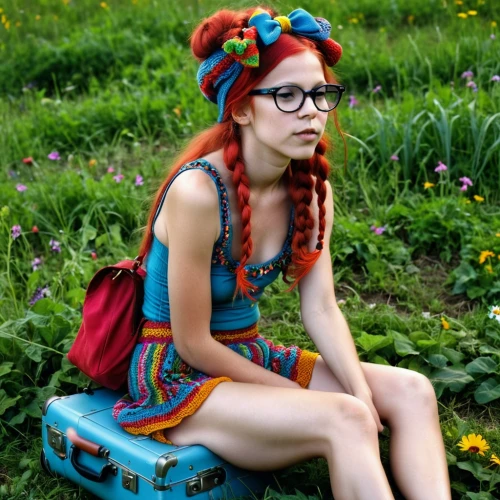 retro girl,girl in flowers,hipster,colorful floral,retro woman,beautiful girl with flowers,girl in the garden,boho,suitcase in field,beret,flower hat,colorful,hippie,multi coloured,vintage girl,bohemian,romanian,travel woman,colourful,country dress,Photography,General,Realistic
