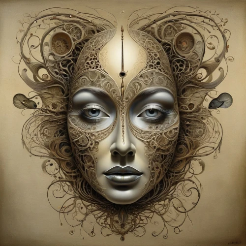 venetian mask,biomechanical,golden mask,fractals art,gold foil art,decorative figure,woman face,masque,woman's face,wooden mask,masquerade,gold mask,steampunk,the enchantress,zodiac sign gemini,apophysis,head woman,gold filigree,dryad,fantasy art,Illustration,Realistic Fantasy,Realistic Fantasy 40