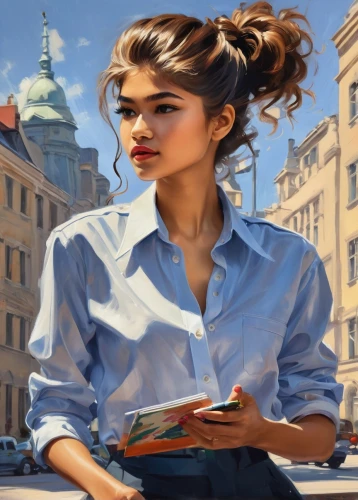 girl studying,girl at the computer,girl in a historic way,woman at cafe,girl with bread-and-butter,world digital painting,painting technique,city ​​portrait,woman eating apple,woman drinking coffee,sci fiction illustration,girl drawing,librarian,portrait background,meticulous painting,girl portrait,girl with cereal bowl,art painting,woman holding pie,girl in a long,Conceptual Art,Oil color,Oil Color 10