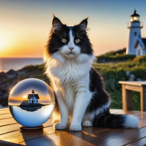 petit minou lighthouse,norwegian forest cat,domestic long-haired cat,aegean cat,american curl,cat european,crystal ball-photography,cat greece,maincoon,crystal ball,cat image,american bobtail,lensball,siberian cat,cute cat,british longhair cat,lighthouse,animal photography,star of the cape,napoleon cat,Photography,General,Realistic