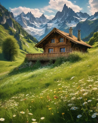 house in mountains,house in the mountains,home landscape,mountain hut,alpine hut,the cabin in the mountains,lonely house,alpine meadow,alpine village,log home,mountain huts,log cabin,little house,alpine pastures,grindelwald,swiss house,small cabin,swiss alps,the alps,meadow landscape,Conceptual Art,Fantasy,Fantasy 05