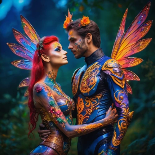 bodypainting,body painting,bodypaint,neon body painting,body art,couple goal,beautiful couple,fantasy picture,fantasy art,faery,cirque du soleil,fairy peacock,faerie,garden of eden,merfolk,fairytale characters,3d fantasy,parrot couple,ulysses butterfly,cosplay image,Illustration,Realistic Fantasy,Realistic Fantasy 02