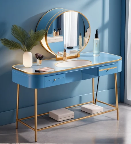 dressing table,writing desk,toilet table,bedside table,nightstand,changing table,makeup mirror,wooden desk,folding table,washbasin,chiffonier,set table,mazarine blue,beauty room,end table,bathroom cabinet,gold foil corner,dresser,secretary desk,commode,Photography,General,Realistic