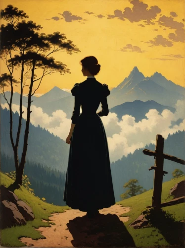 travel poster,woman silhouette,pilgrim,meteora,the silhouette,silhouette,hans christian andersen,darjeeling,silhouette art,the spirit of the mountains,mountain scene,sound of music,cool woodblock images,art silhouette,pilgrims,gone with the wind,valais,mountain vesper,alpine sunset,women silhouettes,Art,Classical Oil Painting,Classical Oil Painting 14