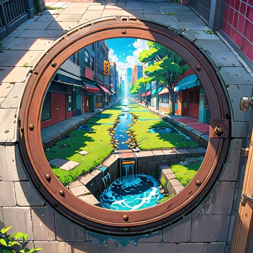 porthole,manhole,round window,studio ghibli,circular puzzle,water mirror,round frame,round autumn frame,sinkhole,ny sewer,lens reflection,parabolic mirror,wood mirror,mirror water,manhole cover,panoramical,hubcap,wishing well,window to the world,storm drain,Anime,Anime,Realistic