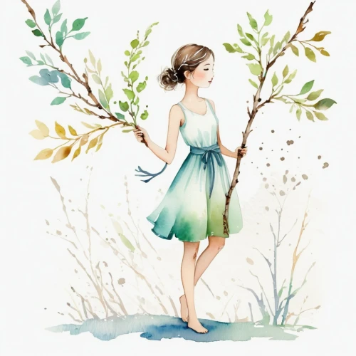 girl with tree,watercolor background,girl in the garden,girl picking flowers,dryad,girl in flowers,watercolor floral background,watercolor blue,throwing leaves,garden fairy,watercolor,spring leaf background,ballerina in the woods,watercolor paint,watercolors,watercolor painting,faerie,a girl in a dress,girl in a wreath,girl in a long,Illustration,Paper based,Paper Based 25