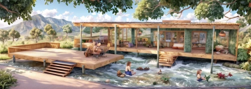 eco hotel,maya civilization,3d rendering,tropical house,hot spring,tree house hotel,resort,pool house,stilt houses,stilt house,floating huts,floating islands,house in the mountains,holiday villa,house in mountains,mud village,the cabin in the mountains,chalet,maya city,eco-construction