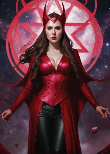 scarlet witch,red coat,red,red lantern,darth talon,evil woman,red super hero,devil,pentacle,the enchantress,power icon,wanda,goddess of justice,star mother,huntress,red cape,rosa ' amber cover,vampire woman,red banner,pentagram,Illustration,Realistic Fantasy,Realistic Fantasy 07
