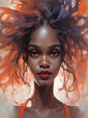 fantasy portrait,digital painting,girl portrait,mystical portrait of a girl,world digital painting,face portrait,medusa,fiery,african woman,orange,digital art,tangerine,woman portrait,portrait of a girl,artist portrait,african american woman,afro-american,moody portrait,orange color,fantasy art