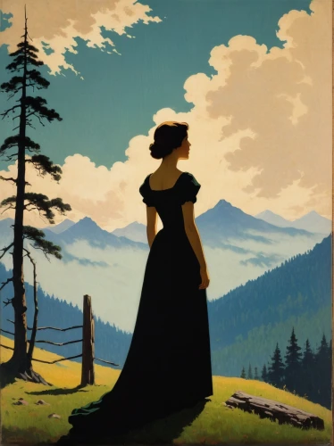 woman silhouette,travel poster,girl in a long dress,whistler,woman with ice-cream,montana,woman holding pie,alpine meadows,women silhouettes,1940 women,mountain vesper,pilgrim,the silhouette,the hat of the woman,alberta,american frontier,girl with tree,mountain scene,woman's hat,sewing silhouettes,Art,Classical Oil Painting,Classical Oil Painting 14