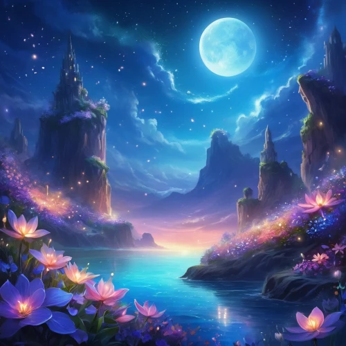 fantasy landscape,fantasy picture,moon and star background,landscape background,moonlit night,fairy world,fantasy art,the night of kupala,dream world,purple landscape,dreamland,moonlit,children's background,fairy galaxy,dusk background,fantasia,fantasy world,moonlight cactus,background images,blue moon rose,Illustration,Realistic Fantasy,Realistic Fantasy 01