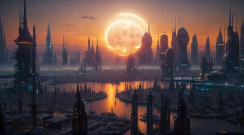 futuristic landscape,alien planet,alien world,exoplanet,metropolis,space art,sci - fi,sci-fi,sci fi,scifi,portal,binary system,federation,orb,ancient city,stargate,vast,planet eart,planet alien sky,fantasy city