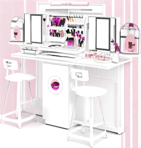 cosmetics counter,expocosmetics,beauty room,product display,women's cosmetics,dressing table,cosmetic products,sales booth,sewing room,color pink white,secretary desk,beauty salon,cosmetics,workroom,workstation,kitchen cart,cleaning station,cart with products,working space,beauty products,Design Sketch,Design Sketch,Hand-drawn Line Art