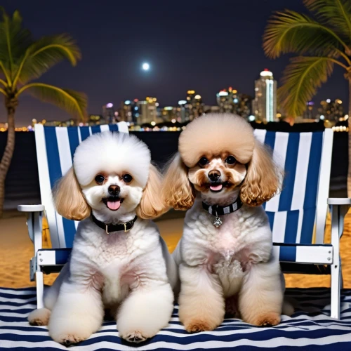 japanese chin,pekingese,shih tzu,cavachon,havanese,maltepoo,beach goers,beach background,cavapoo,shih poo,beach chairs,beach furniture,french bulldogs,deckchairs,beach tent,two dogs,miniature poodle,dog photography,shih-poo,toy poodle,Photography,General,Realistic