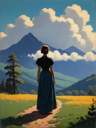 grant wood,prairie,woman walking,girl in a long dress,woman with ice-cream,montana,mountain scene,salt meadow landscape,1940 women,rural landscape,woman silhouette,woman holding pie,high landscape,vintage art,pilgrim,idyll,heidi country,teton,travel poster,girl with bread-and-butter,Art,Classical Oil Painting,Classical Oil Painting 14