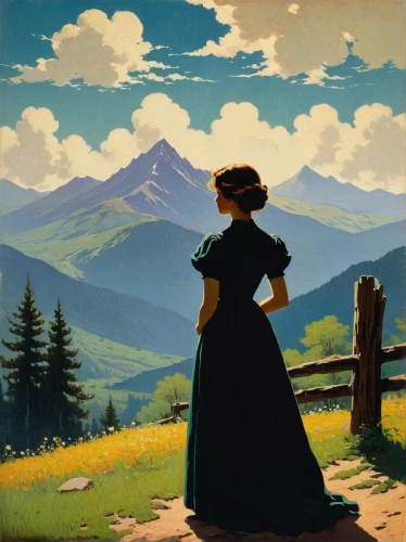 travel poster,mountain scene,montana,alpine meadows,the spirit of the mountains,grant wood,mountain vesper,transilvania,heidi country,woman with ice-cream,girl in a long dress,sound of music,carpathians,vintage illustration,prairie,colorado,northern black forest,alpine meadow,vintage art,salt meadow landscape,Art,Classical Oil Painting,Classical Oil Painting 14