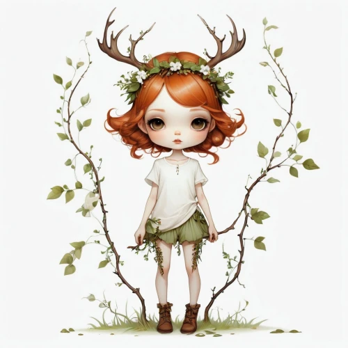 dryad,forest clover,fae,faun,girl in a wreath,deer illustration,girl with tree,antlers,young-deer,antler,deer antlers,fawn,forest animal,faerie,child fairy,little girl fairy,stag,spring crown,faery,tree crown,Illustration,Abstract Fantasy,Abstract Fantasy 11