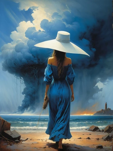 pilgrim,the wind from the sea,little girl in wind,the hat of the woman,world digital painting,blue painting,italian painter,woman thinking,monsoon,sea storm,storm,man at the sea,pilgrims,fantasy picture,girl walking away,woman walking,blue rain,man with umbrella,oil painting on canvas,the wanderer,Conceptual Art,Oil color,Oil Color 03