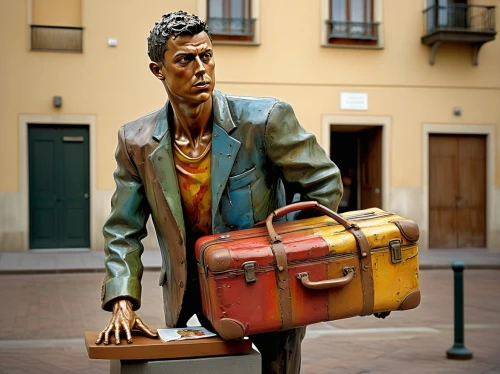 globe trotter,itinerant musician,bellboy,leather suitcase,public art,sculptor ed elliott,a wax dummy,wooden mannequin,man with saxophone,suitcase,artist's mannequin,bronze sculpture,old suitcase,accordion player,scuplture,postman,street performer,italian painter,red auerbach,sculptor