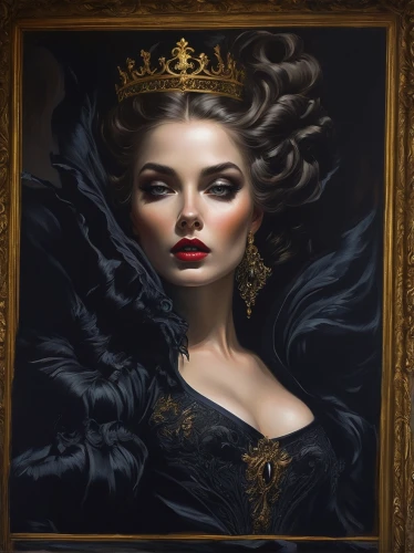 meticulous painting,oil painting on canvas,gothic portrait,fantasy portrait,queen of the night,art painting,queen anne,queen of hearts,oil painting,gold stucco frame,lady of the night,gold crown,gold leaf,golden crown,gold frame,gold foil art,portrait background,black velvet,fantasy art,crowned,Art,Classical Oil Painting,Classical Oil Painting 01