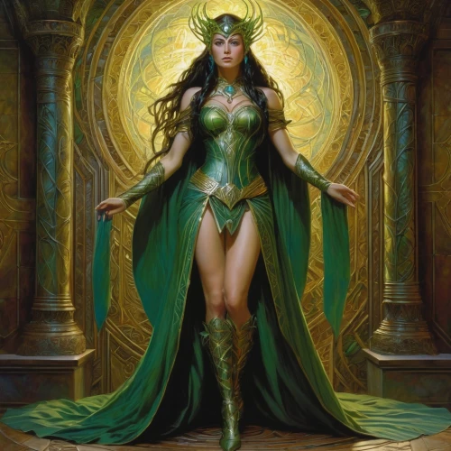 goddess of justice,the enchantress,fantasy woman,sorceress,celtic queen,figure of justice,caerula,wonderwoman,patrol,heroic fantasy,queen of the night,priestess,artemisia,archangel,lady justice,anahata,fantasia,loki,emerald,green aurora,Illustration,Realistic Fantasy,Realistic Fantasy 03