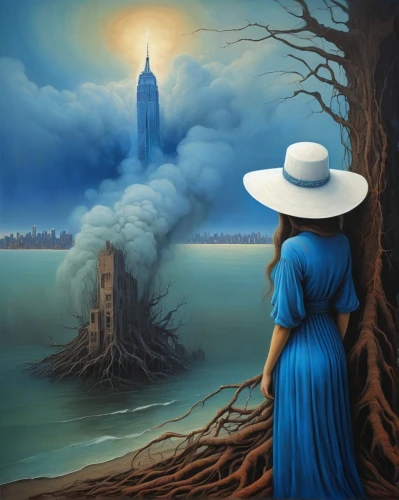 fantasy picture,blue enchantress,fantasy art,the hat of the woman,surrealism,world digital painting,mother earth,art painting,fantasy landscape,oil painting on canvas,pilgrim,landscape background,blue painting,blue moon rose,blue moon,surrealistic,photomanipulation,high landscape,fairy chimney,landscapes,Conceptual Art,Daily,Daily 34
