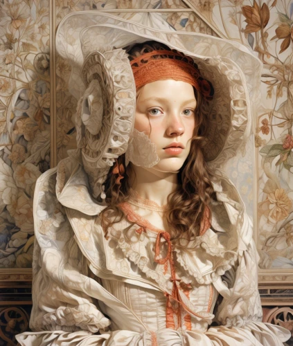 girl with cloth,girl in cloth,portrait of a girl,baroque angel,beautiful bonnet,girl with bread-and-butter,the angel with the veronica veil,suit of the snow maiden,painter doll,girl in a wreath,rococo,orange blossom,female doll,portrait of a woman,the carnival of venice,holbein,baroque,young woman,child portrait,bonnet