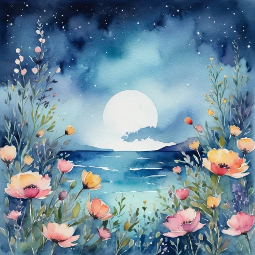 watercolor background,moon and star background,watercolor floral background,moonlit night,blue moon rose,sea of flowers,sea night,moonrise,springtime background,beach moonflower,watercolor blue,ocean background,flower painting,moonlight,sea landscape,floral background,moon night,moonlight cactus,flower background,blooming field,Illustration,Paper based,Paper Based 25