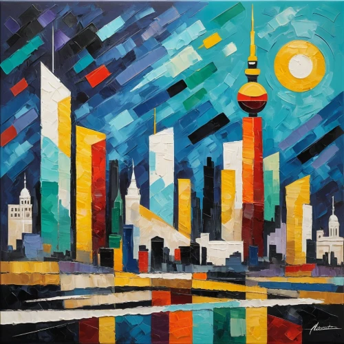 cityscape,city skyline,city scape,colorful city,shanghai,oil painting on canvas,skyline,oil on canvas,metropolis,skyscrapers,toronto,centrepoint tower,art painting,cntower,city lights,oil painting,city at night,glass painting,sky city,david bates,Art,Artistic Painting,Artistic Painting 46
