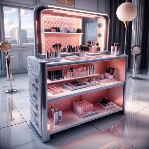 cosmetics counter,cosmetics,women's cosmetics,beauty room,cosmetic products,oil cosmetic,expocosmetics,product display,cosmetic,beauty salon,shoe cabinet,vintage makeup,beauty products,doll house,dressing table,beauty product,boutique,dollhouse accessory,make-up,3d rendering